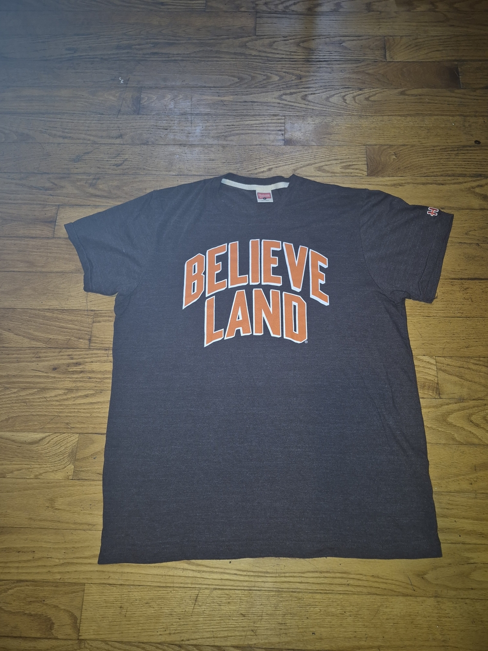 HOMAGE Brown Mens Large Tee with Orange "BELIEVE LAND" Graphic